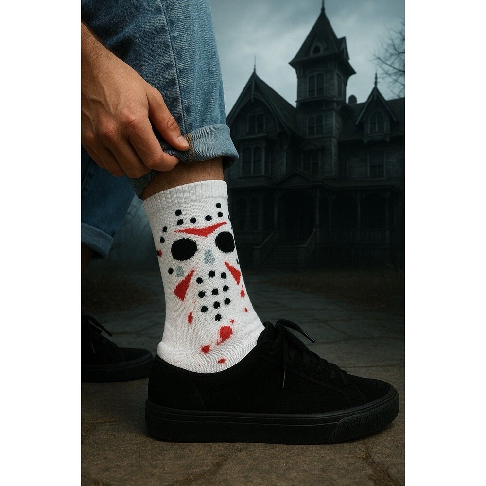 Friday the 13th Socks Mens Size 4-10 White Jason Mask Horror Halloween